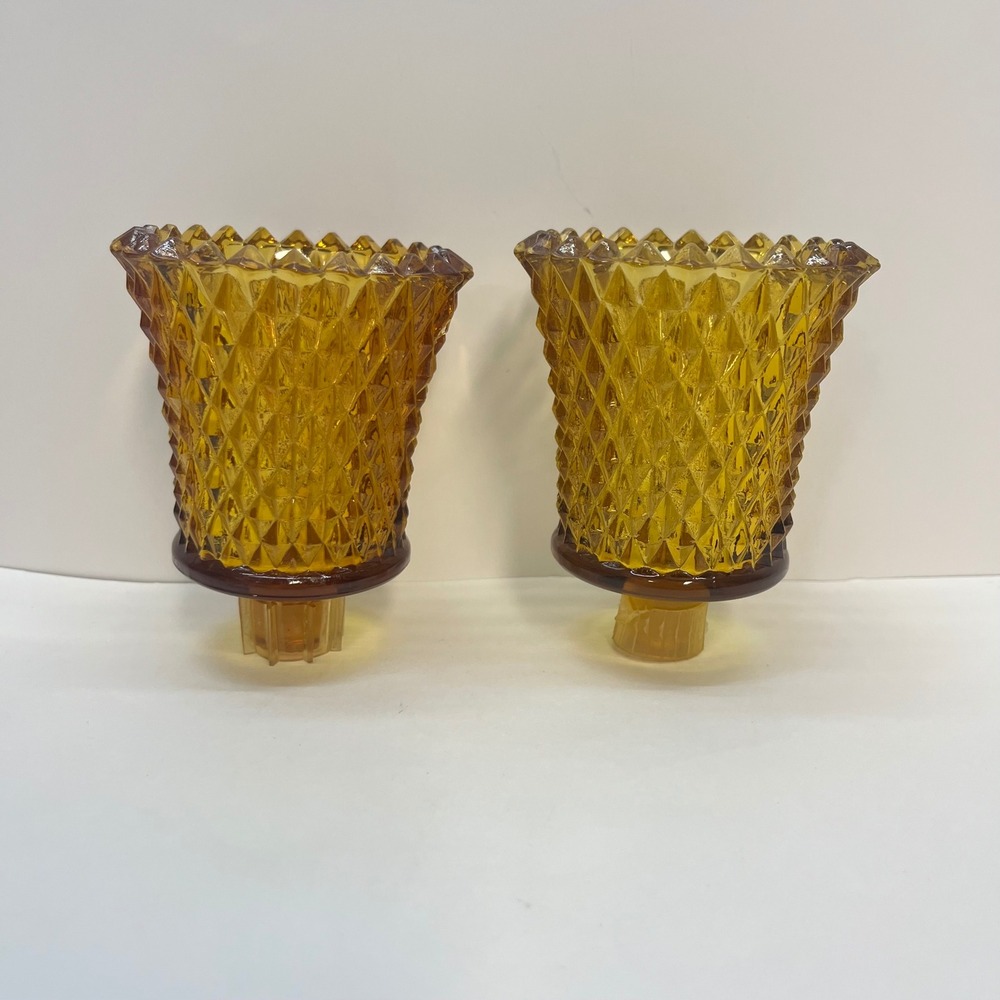 Vintage Amber Diamond Point Glass Votive Peg Candle Holder Set of 2 Cup Sconce